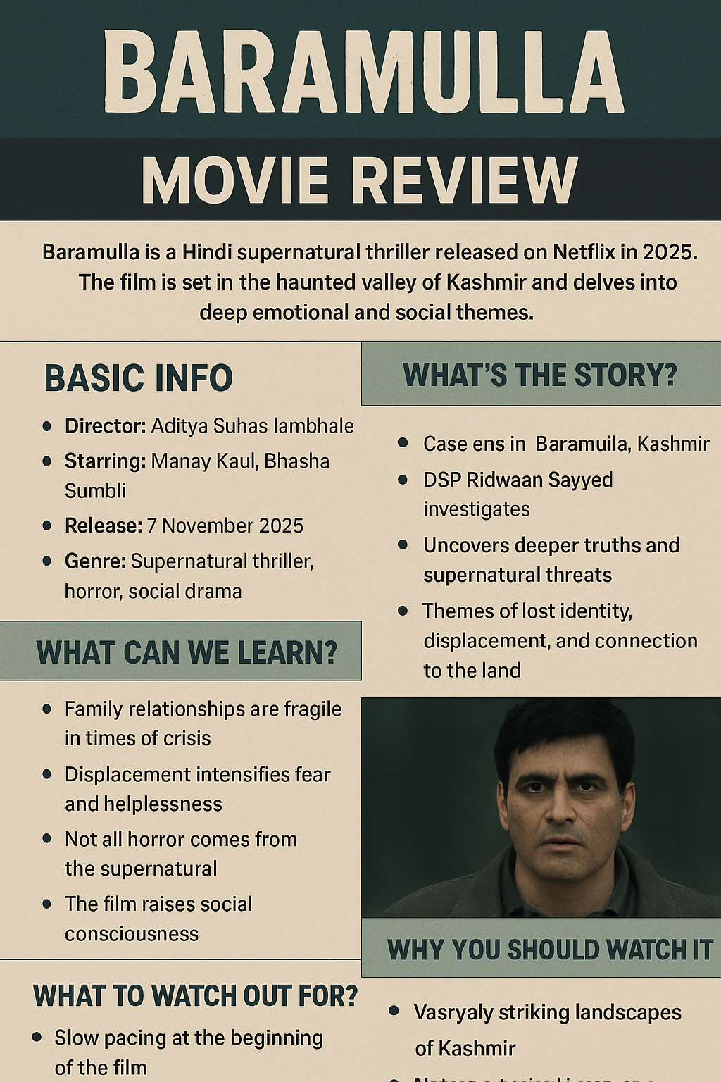 Explore Baramulla (2025) – a haunting supernatural thriller set in Kashmir.